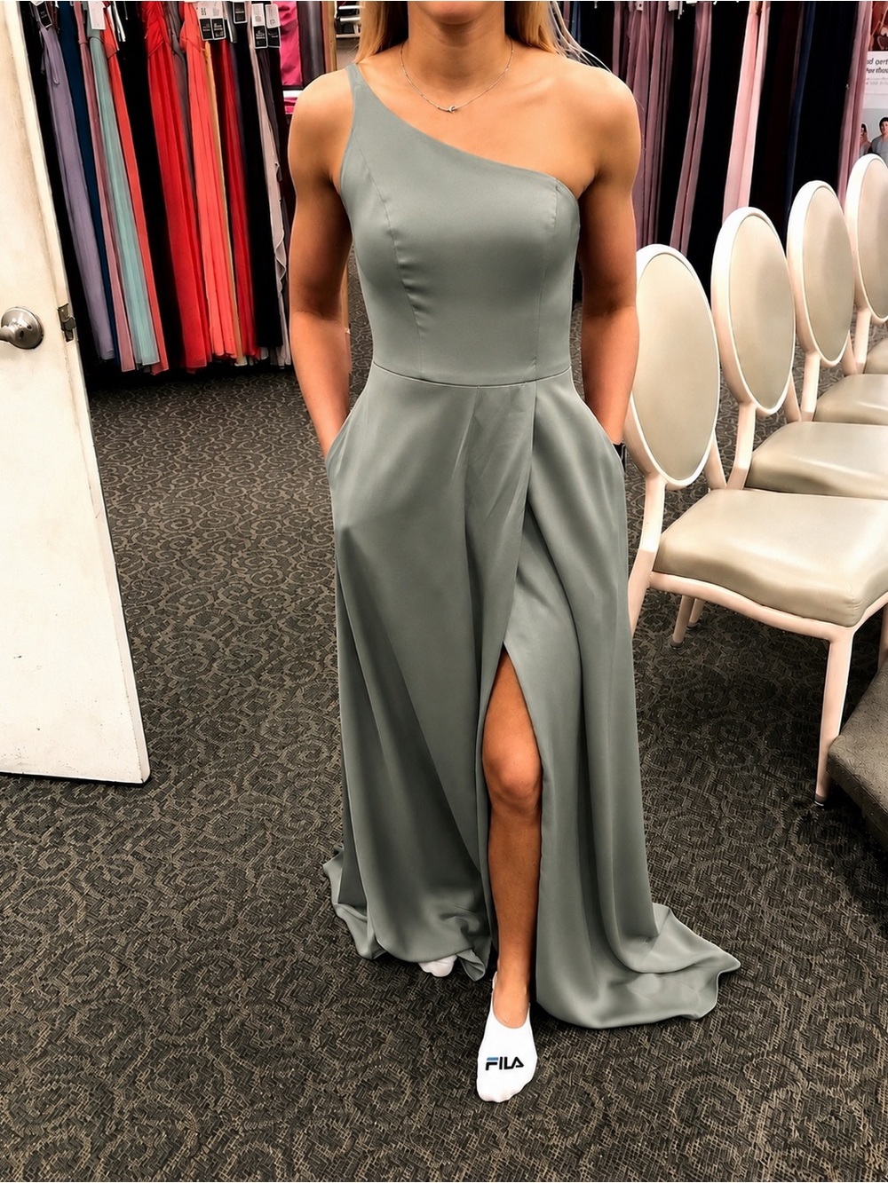 Never worn! David's Bridal One-Shoulder Sage Green